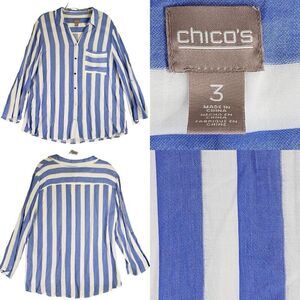 Chicos Shirt Women’s Size 3 US XL Blue White Vertical Stripe Long Sleeve Rayon